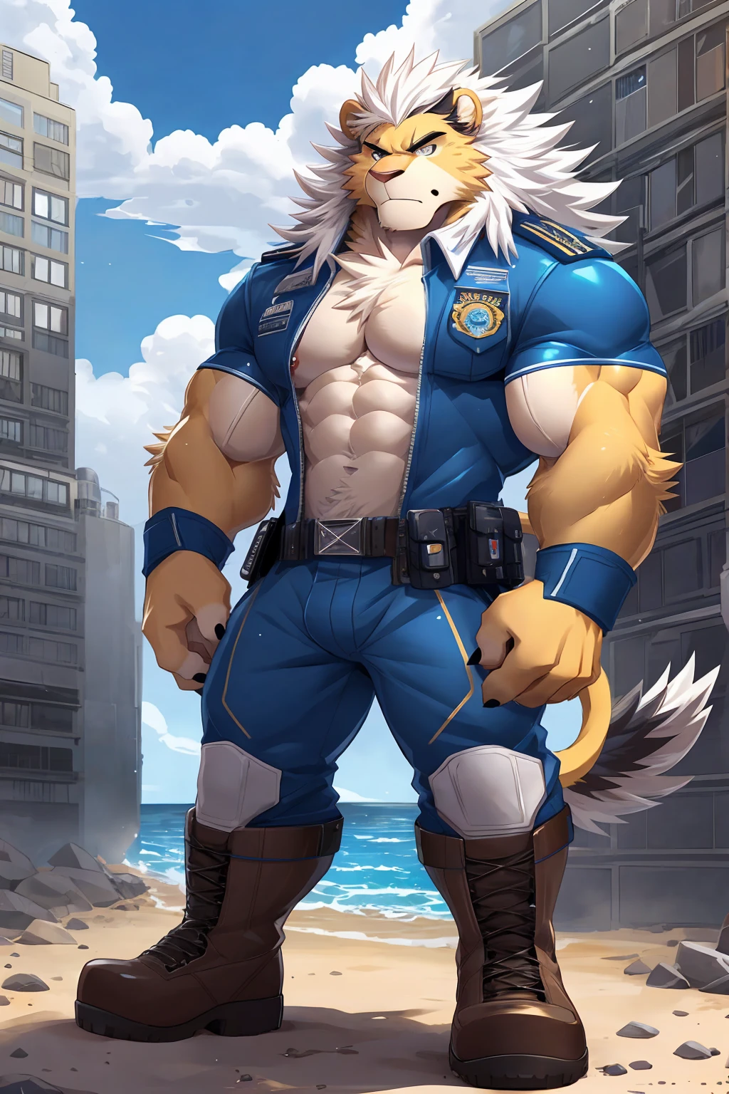 (sfw:1.5), male focus, Handsome 1boy, solitary,protrait photo, (Black thick eyebrows:1.3),single, (Black nails, Black claws:1.4), yellow skin, (yellow tail, Black tail hair:1.4), (Perfect grey eyes:1.4), (yellow ears, yellow body:1.3),(White Hands, White belly, White chest, White Hands臂内侧:1.3), (Black and white mane:1.3),
yellow lion, feet, lion, lion boy, lion body, (large eyes:1.4), Lion's Tail, (Chubby, The body is huge, Larger face:1.3),
(blue military uniform, Wearing short-sleeved blue, blue military cap:1.4), (Brown ankle boots:1.3),
(full body:1.3), (Mature men:1.4), (Strong body, muscle,Strong male, muscle男, Bare chest muscles:1.3), (Red nipples:1.1), (Abdominal muscles:1.4), belly button, (bare arm, Thick arms:1.3), (Standing:1.3), (Looking at the audience, Focus, Eyes gaze:1.1), look up, arrogant, Disdain, ruthless, (serious, indifferent, Cold:1.4),
full background, ground, seaside, City, warship, warship, fleet, daytime, Blue sky, White Cloud, shore,
Mysterious and romantic atmosphere, Caustic lines(refraction, polarization)Perfect anatomical structure, absurd, Detailed background, (Delicate eyes:1.3),Printing style。((artist:Takemoto Arashi))