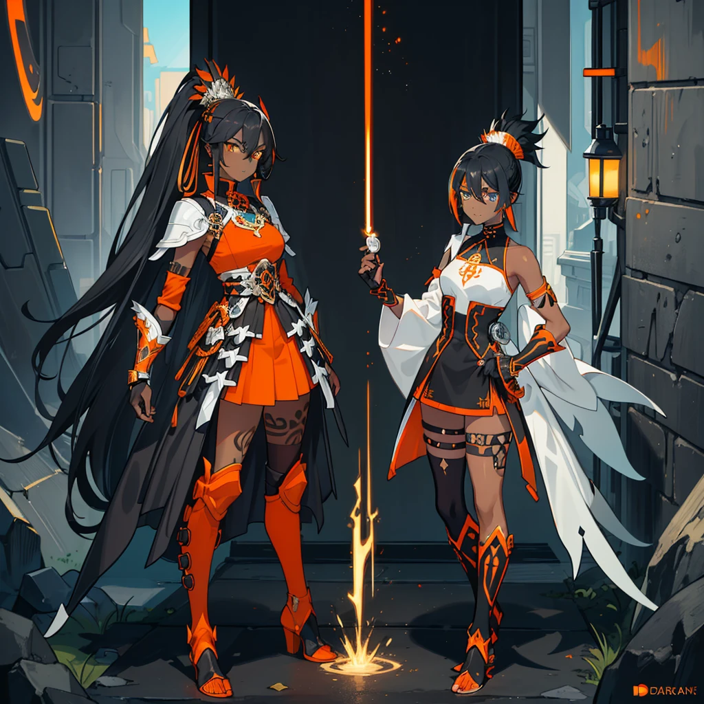 (((conceptual artwork))), (((one caracter))), female, (((darkskin)))), Black hair with ponytail, clear blue eyes, Round glasses with slightly dark lenses, this lens being orange, and the Light Blue frame, ((Black metallic gauntlets and greaves with orange and silver highlights)), (((The clothes have a mix of modern and tribal))), (((The clothes have a mix of modern and tribal))), mainly black in color, but having Orange Parts, Shoulders exposed, On the Hip, a Short that extends to Half the Thigh in black.(((one caracter))), female, (((darkskin)))), Black hair with ponytail, clear blue eyes, Óculos redondos com uma pequena lente escura this lens being orange, and the Light Blue frame, (((Black metallic gauntlets and greaves with orange and silver highlights)), (((The clothes have a mix of modern and tribal)))), Having mainly black color, but having orange pieces, Shoulders on display, On the Hip one Shorts extending to Half Thigh in black.