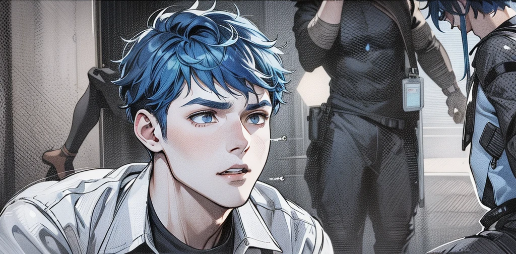 two cute boys with blue hair and the other with black hair are talking to him with concern, something bad is happening.