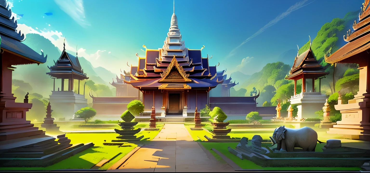 cartoon scene of a Thailand forest with a garden and a forest , two thailand elephant stone, Thai garden forest with stone yard and temple background, royal garden background, light kingdom backdrop, background art, a wide open courtyard in an epic, loadingscreen, background artwork, stylized concept art, background depicting garden with stone yard and a temple around, epic background, relaxing concept art, splash screen art, thailand concept, thailand style 
