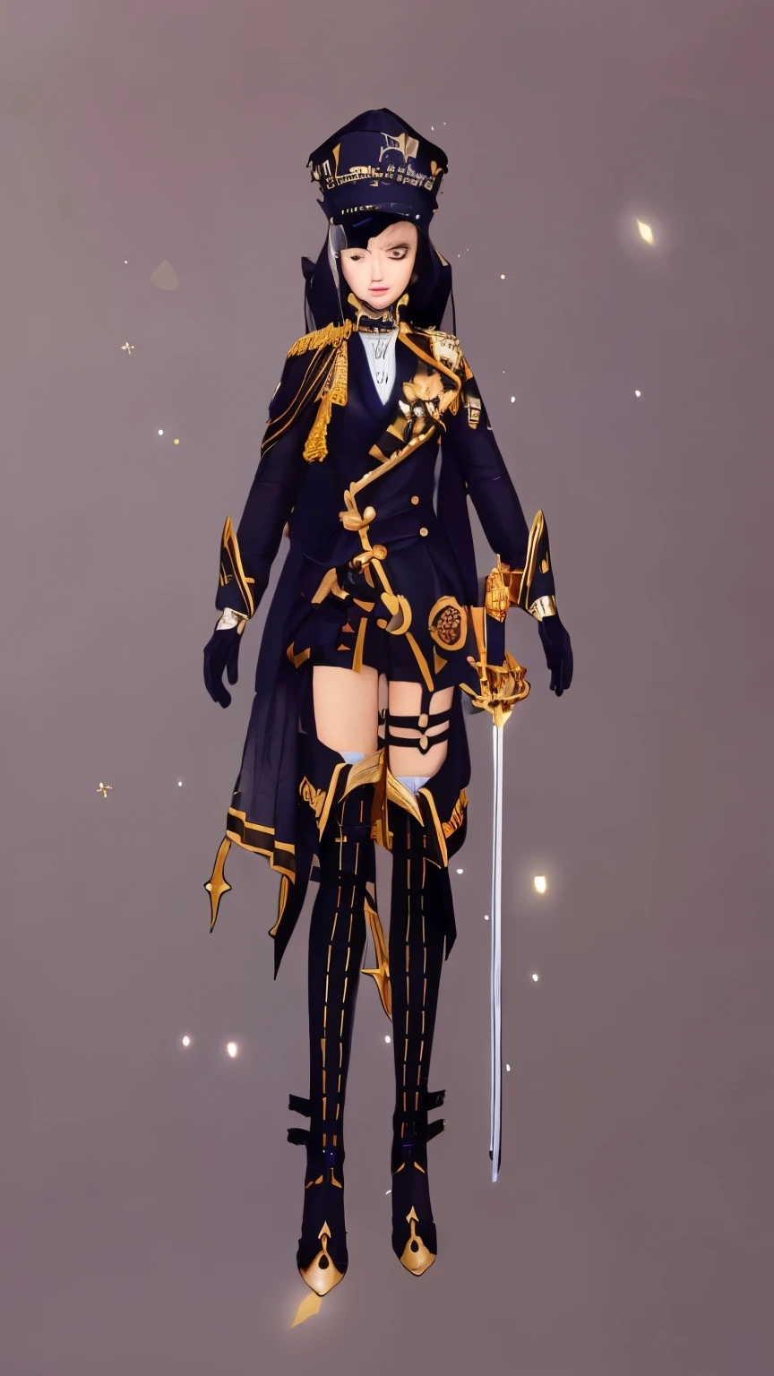 blurred image of a woman dressed in a black and gold outfit, gilded black uniform, wearing a noble black suit, costume clothing, black and gold armor, gilded outfit, black and gold armor, inspired by Li Chevalier, magic uniform, astral witch clothes, soldier clothing, clothing design, in dark robes with gold accents, clear clothing design