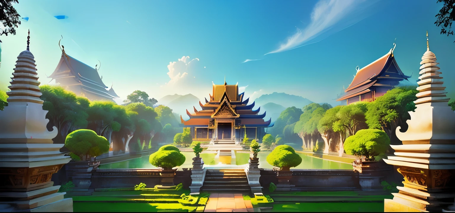 cartoon scene of a Thailand forest with a garden and a forest , two thailand elephant stone, Thai garden forest with stone yard and temple background, royal garden background, light kingdom backdrop, background art, a wide open courtyard in an epic, loadingscreen, background artwork, stylized concept art, background depicting garden with stone yard and a temple around, epic background, relaxing concept art, splash screen art, thailand concept, thailand style