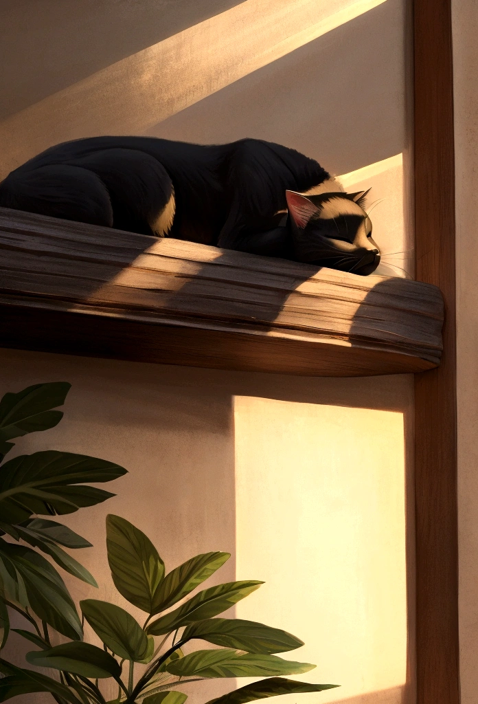 A realistic black cat sleeping peacefully in the afternoon sunlight. The setting is a cozy, sunlit room with soft shadows cast by the warm daylight. The cat's fur is sleek and glossy, reflecting the gentle light as it rests on a comfortable surface, exuding a sense of tranquility and contentment.