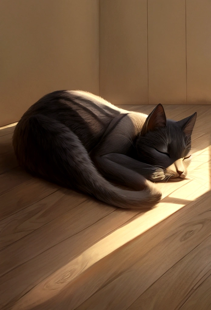 A realistic black cat sleeping peacefully in the afternoon sunlight. The setting is a cozy, sunlit room with soft shadows cast by the warm daylight. The cat's fur is sleek and glossy, reflecting the gentle light as it rests on a comfortable surface, exuding a sense of tranquility and contentment.