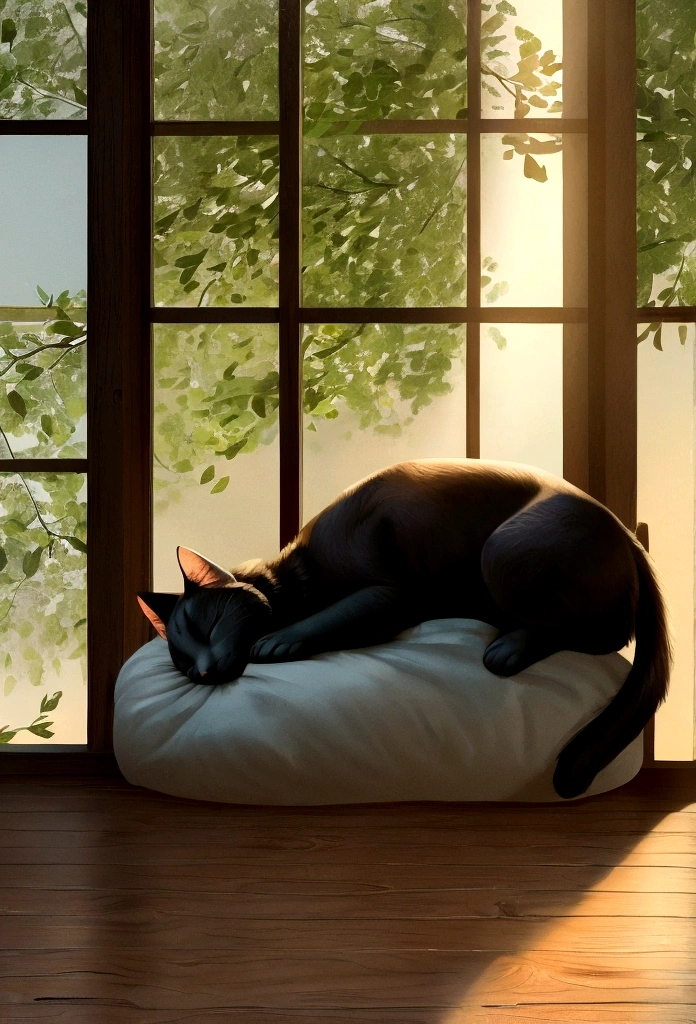 A realistic black cat sleeping peacefully in the afternoon sunlight. The setting is a cozy, sunlit room with soft shadows cast by the warm daylight. The cat's fur is sleek and glossy, reflecting the gentle light as it rests on a comfortable surface, exuding a sense of tranquility and contentment.