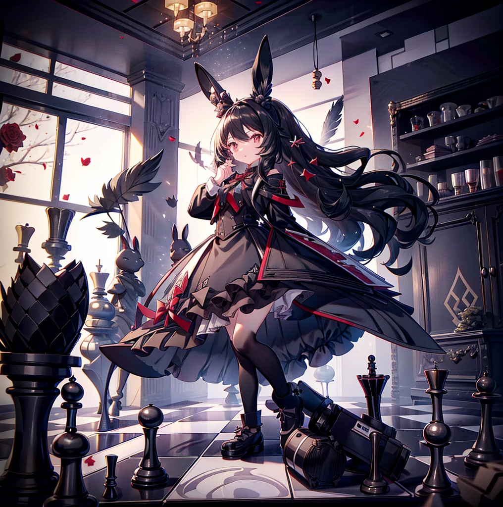 A girl，（Black long hair），Lively and bouncy，dynamic，Jumping，Squinting，[White background 1::5]，hands up，Bow，coat，Mini skirt，Black Silk，（Stand on a giant chess board），Black and white diamond tiles on the floor，indoor，Bunny ears，Black Wings，feather，Red rose，（（（White background 1::5）））