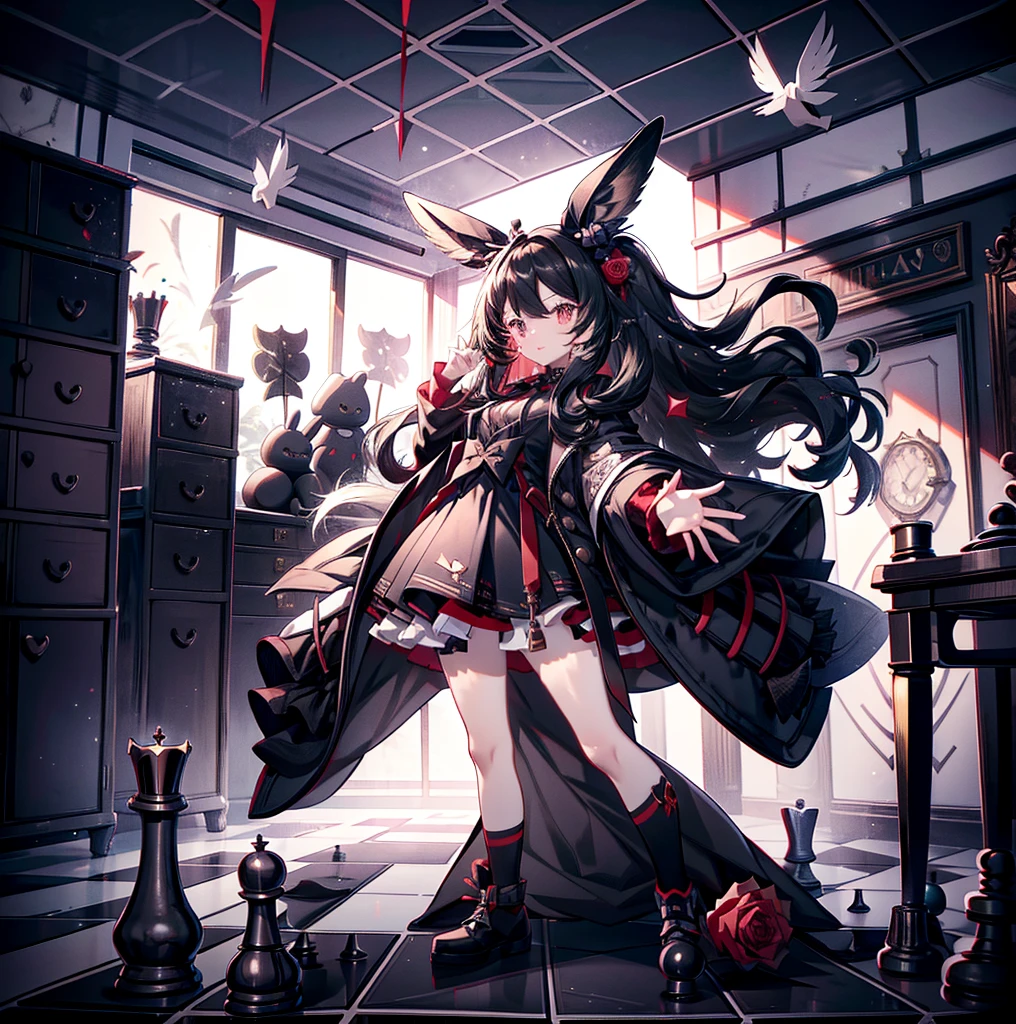 A girl，（Black long hair），Lively and bouncy，dynamic，Jumping，Squinting，[White background 1::5]，hands up，Bow，coat，Mini skirt，Black Silk，（Stand on a giant chess board），Black and white diamond tiles on the floor，indoor，Bunny ears，Black Wings，feather，Red rose，（（（White background 1::5）））