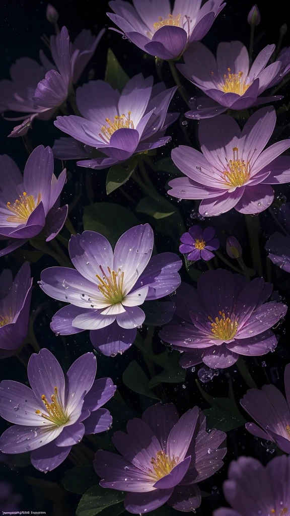 a close up of some purple flowers with water droplets on them, 🌺 cgsociety, paul barson, by Jacob Toorenvliet, by Jacob Kainen, moody beautiful colors, by Matthias Weischer, atmospheric beautiful details, by Anna Haifisch, glowing flowers, by Alexey Venetsianov, by Alexander Bogen, by Sebastian Spreng