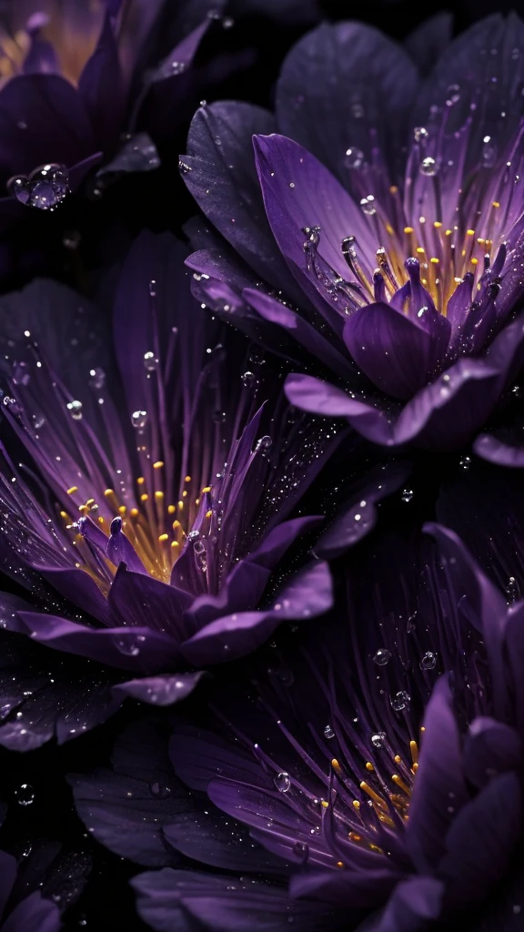 a close up of some purple flowers with water droplets on them, a macro photograph by Jacob Toorenvliet, unsplash, romanticism, 🌺 cgsociety, paul barson, moody beautiful colors, atmospheric beautiful details, glowing flowers, dark flowers, dark moody purple lighting, beautiful macro close-up imagery, close up photography, extremely moody purple lighting, moody colors
