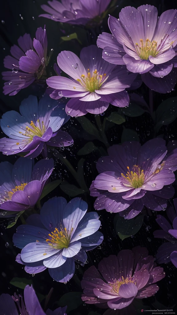 a close up of some purple flowers with water droplets on them, 🌺 cgsociety, paul barson, by Jacob Toorenvliet, by Jacob Kainen, moody beautiful colors, by Matthias Weischer, atmospheric beautiful details, by Anna Haifisch, glowing flowers, by Alexey Venetsianov, by Alexander Bogen, by Sebastian Spreng