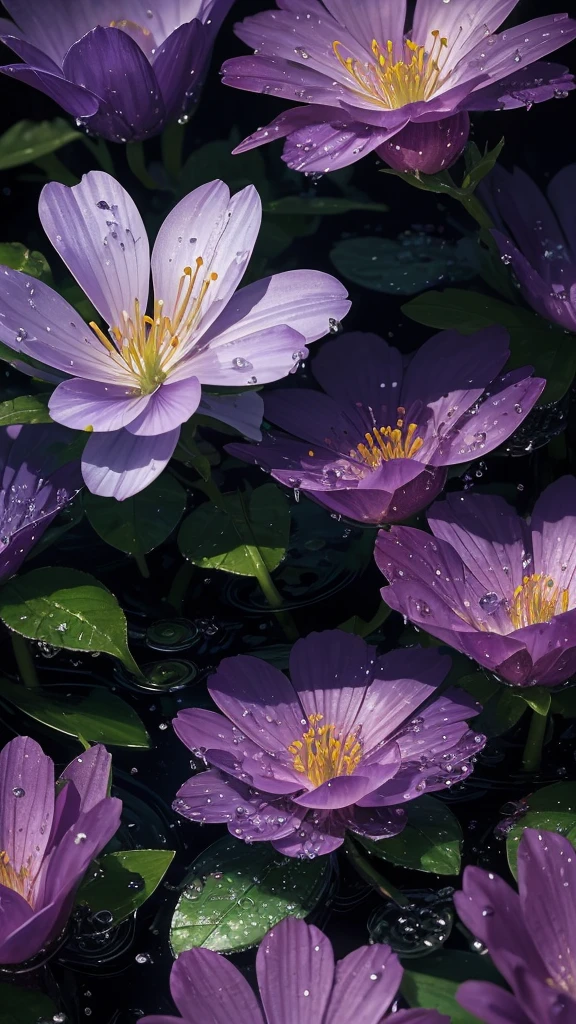 a close up of some purple flowers with water droplets on them, 🌺 cgsociety, paul barson, by Jacob Toorenvliet, by Jacob Kainen, moody beautiful colors, by Matthias Weischer, atmospheric beautiful details, by Anna Haifisch, glowing flowers, by Alexey Venetsianov, by Alexander Bogen, by Sebastian Spreng