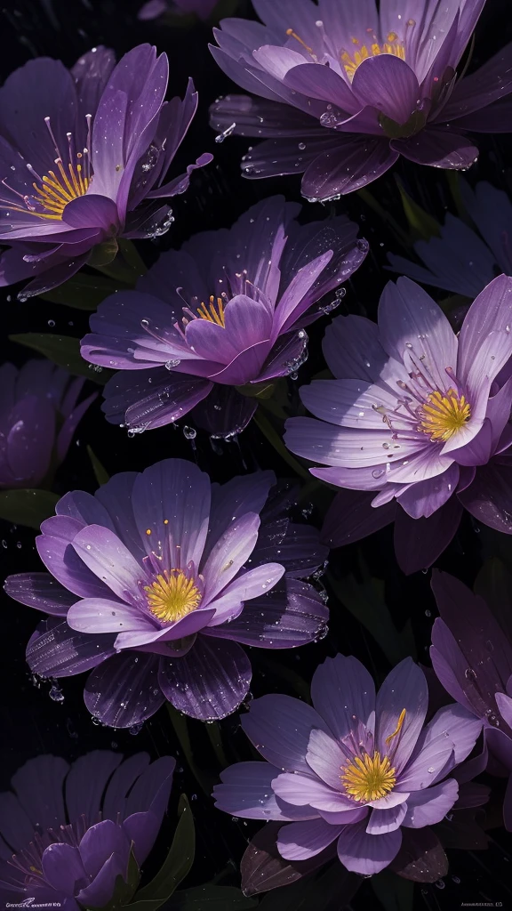 a close up of some purple flowers with water droplets on them, 🌺 cgsociety, paul barson, by Jacob Toorenvliet, by Jacob Kainen, moody beautiful colors, by Matthias Weischer, atmospheric beautiful details, by Anna Haifisch, glowing flowers, by Alexey Venetsianov, by Alexander Bogen, by Sebastian Spreng