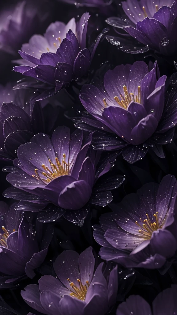 a close up of some purple flowers with water droplets on them, a macro photograph by Jacob Toorenvliet, unsplash, romanticism, 🌺 cgsociety, paul barson, moody beautiful colors, atmospheric beautiful details, glowing flowers, dark flowers, dark moody purple lighting, beautiful macro close-up imagery, close up photography, extremely moody purple lighting, moody colors
