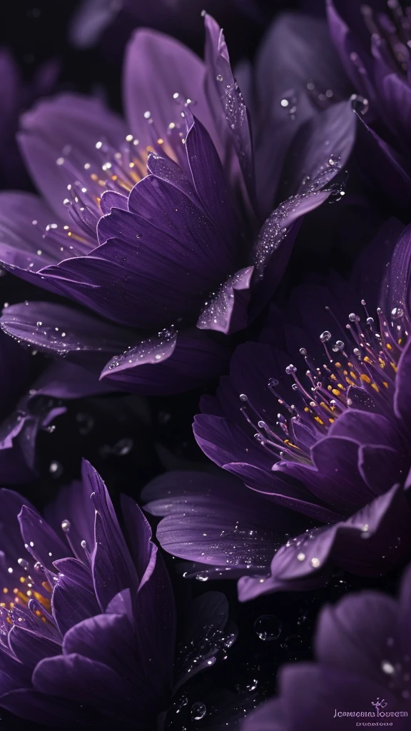 a close up of some purple flowers with water droplets on them, a macro photograph by Jacob Toorenvliet, unsplash, romanticism, 🌺 cgsociety, paul barson, moody beautiful colors, atmospheric beautiful details, glowing flowers, dark flowers, dark moody purple lighting, beautiful macro close-up imagery, close up photography, extremely moody purple lighting, moody colors