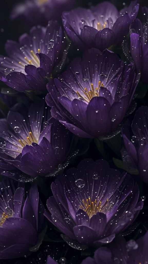 a close up of some purple flowers with water droplets on them, a macro photograph by Jacob Toorenvliet, unsplash, romanticism, 🌺 cgsociety, paul barson, moody beautiful colors, atmospheric beautiful details, glowing flowers, dark flowers, dark moody purple lighting, beautiful macro close-up imagery, close up photography, extremely moody purple lighting, moody colors