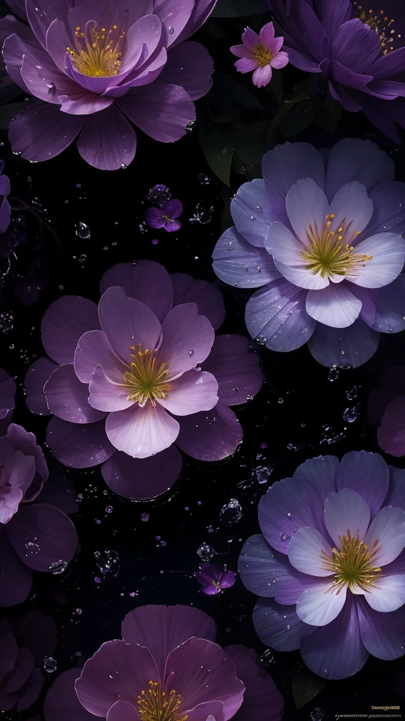 a close up of some purple flowers with water droplets on them, 🌺 cgsociety, paul barson, by Jacob Toorenvliet, by Jacob Kainen, moody beautiful colors, by Matthias Weischer, atmospheric beautiful details, by Anna Haifisch, glowing flowers, by Alexey Venetsianov, by Alexander Bogen, by Sebastian Spreng