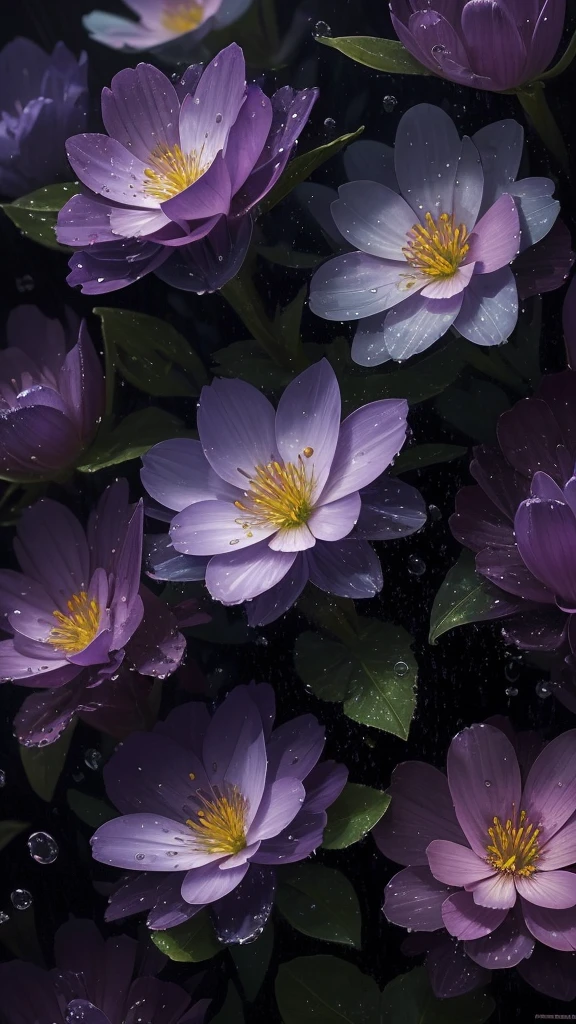 a close up of some purple flowers with water droplets on them, 🌺 cgsociety, paul barson, by Jacob Toorenvliet, by Jacob Kainen, moody beautiful colors, by Matthias Weischer, atmospheric beautiful details, by Anna Haifisch, glowing flowers, by Alexey Venetsianov, by Alexander Bogen, by Sebastian Spreng