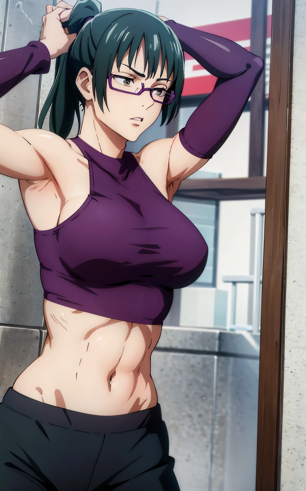 Maki Zenin, sports bra, long pants,curved, dark green hair, ponytail, well proportioned, muscular, large thighs, medium chest, purple glasses, gym background, arms up, armpits visible