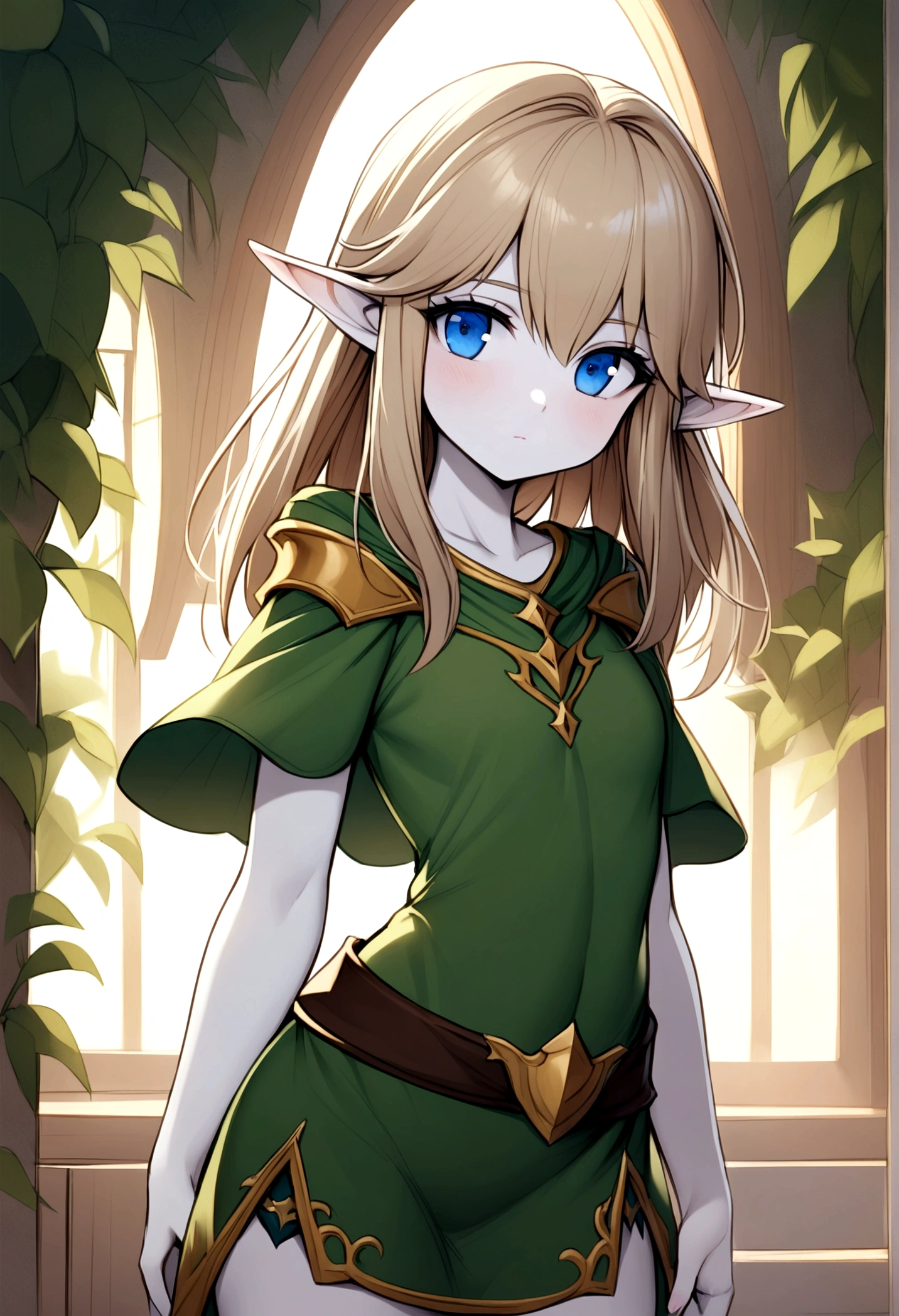 Young elven woman, long brown hair, pale skin, blue eyes, short clothes, short, dark fantasy, long ears, friendy, roughly drawn