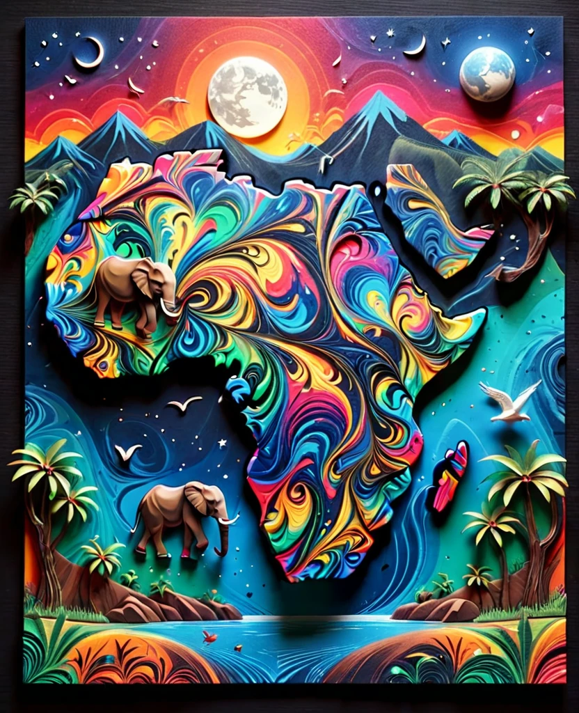 Paper cut art (((masterpiece))),best quality, illustration, African map, within African map we see a night sky, cloud, banana plantation, rivers, mountains, lions, elephants, cows, no humans, night, birds, moon, building, night sky, scenery, starry sky, grass, house, trees, waterfall, birds in the sky, African map, vibrant color scheme, Soft light,(warm color:1.2),Water color painting, light background, best quality exquisite details,3d rendering,Octane render, pastel, paper_cut of African map.