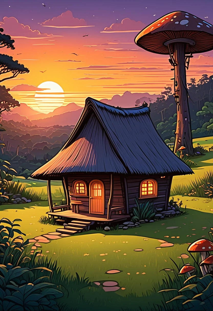 a cartoon image honai house papua of a small hut in the middle of a field, witch hut, sunset illustration, detailed digital illustration, dusk setting, official illustration, stylized digital illustration, mushroom hut in background, cabin in the woods, the sunset, sunset view, rounded house and cute character, sticker of a home in the forest, sunset glow