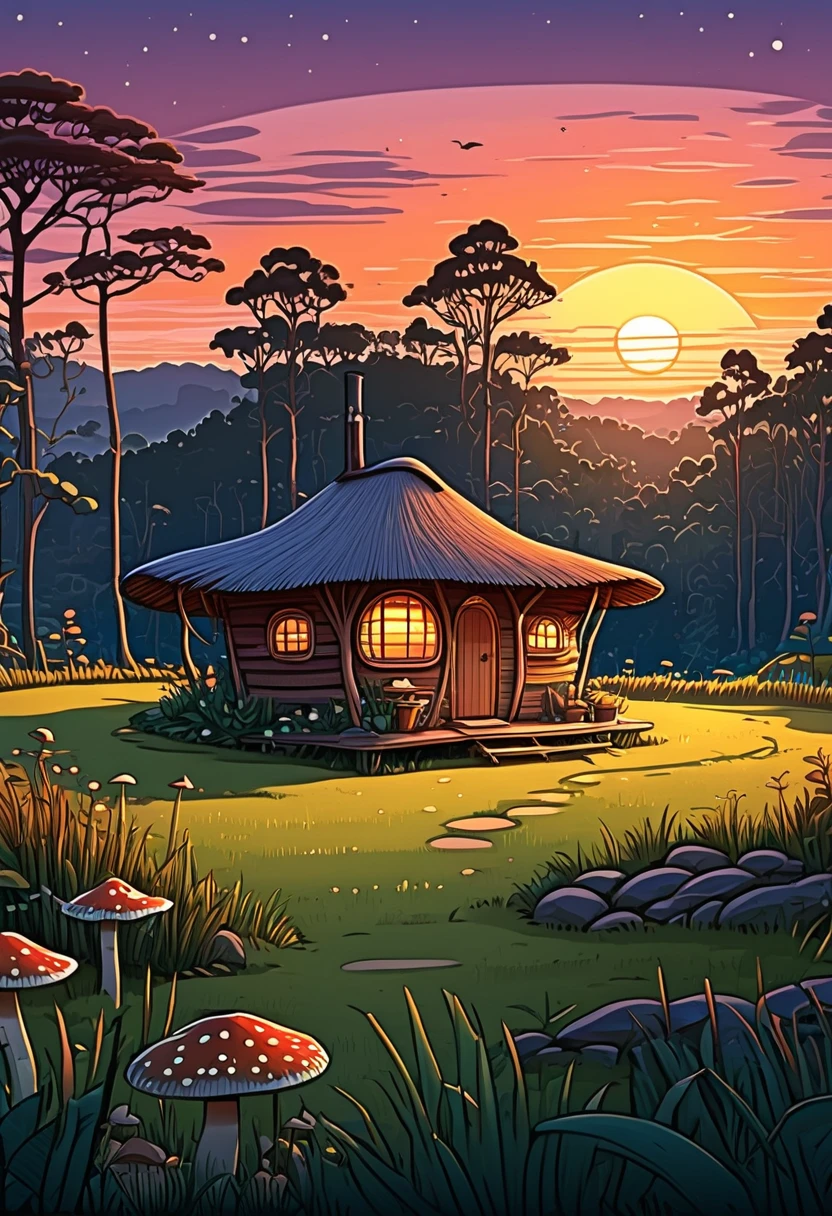 a cartoon image honai house papua of a small hut in the middle of a field, witch hut, sunset illustration, detailed digital illustration, dusk setting, official illustration, stylized digital illustration, mushroom hut in background, cabin in the woods, the sunset, sunset view, rounded house and cute character, sticker of a home in the forest, sunset glow