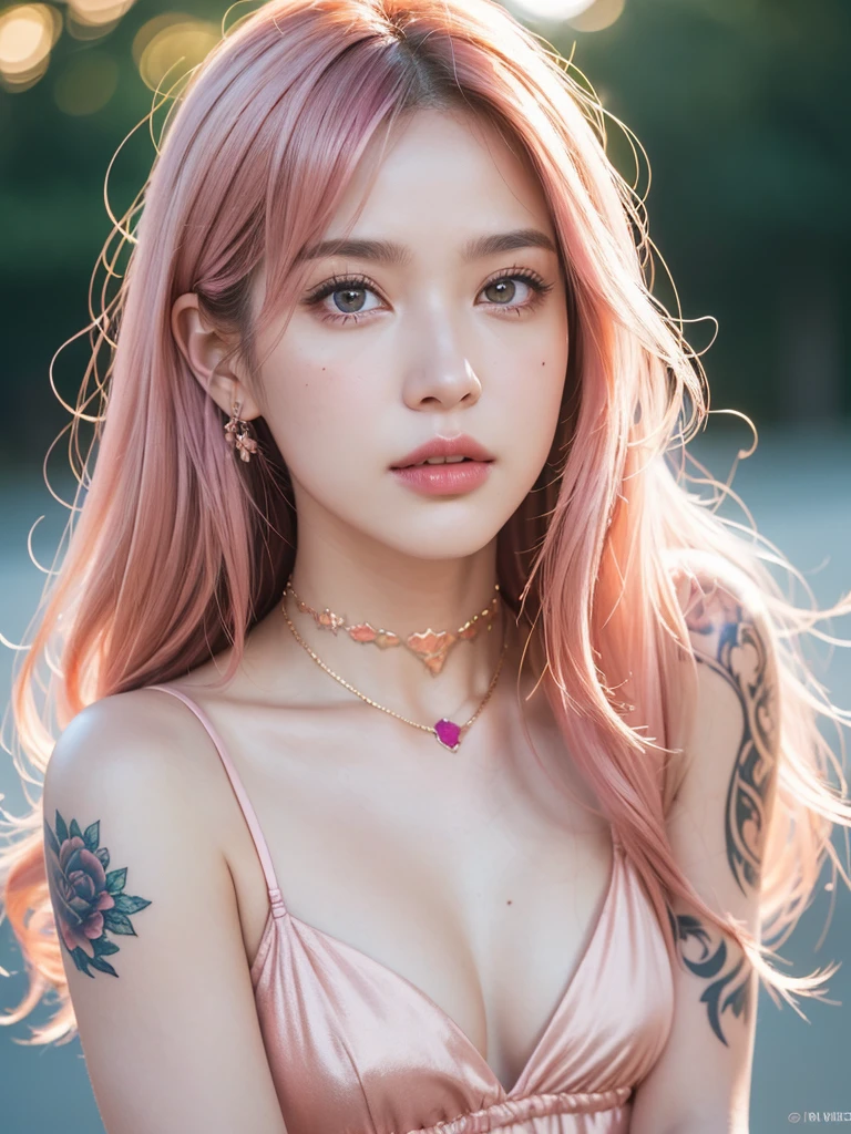 1girl, alone, solitary, high quality, (best quality,4k,8k,highres,masterpiece:1.2),ultra-detailed,(realistic,photorealistic,photo-realistic:1.37),gorgeous hair,pink hair, pink long straight hair with bangs, rose gold hair, puffy eyes,mole on the cheek,plump lips,jewelry,(high detailed skin:1.4),(rim lighting:1.3),(lit:1.3),(sunny day:1.3),portrait,beautiful lips,waist-length hair,seductive gaze,moles,sundress,pastel dress,short dress,close up,really long hair,choker necklace, tattoos,tattooed,light eyes,bangs,fringe