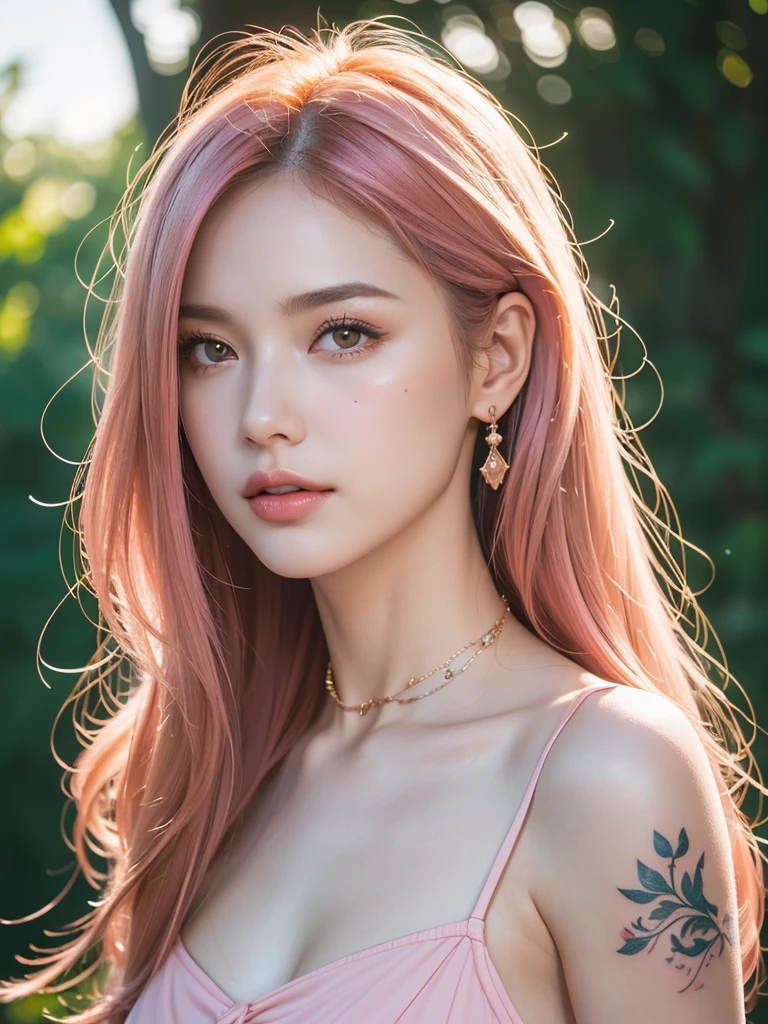 1girl, alone, solitary, high quality, (best quality,4k,8k,highres,masterpiece:1.2),ultra-detailed,(realistic,photorealistic,photo-realistic:1.37),gorgeous hair,pink hair, pink long straight hair with bangs, rose gold hair, puffy eyes,mole on the cheek,plump lips,jewelry,(high detailed skin:1.4),(rim lighting:1.3),(lit:1.3),(sunny day:1.3),portrait,beautiful lips,waist-length hair,seductive gaze,moles,sundress,pastel dress,short dress,close up,really long hair,choker necklace, tattoos,tattooed,light eyes,bangs,fringe