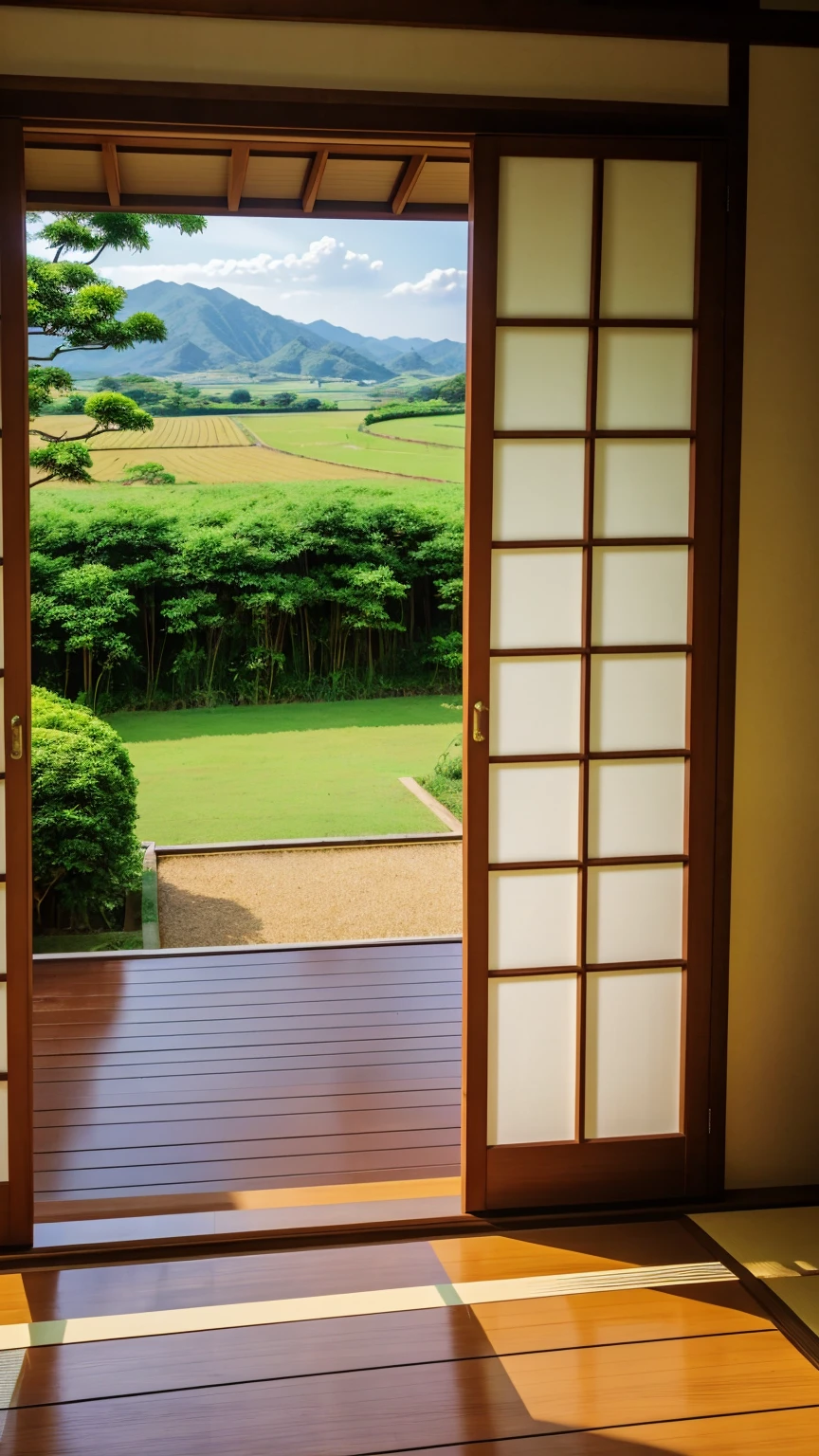 Through the open shoji doors, show a view of the countryside with lush green fields, gently rolling hills, and a clear blue sky