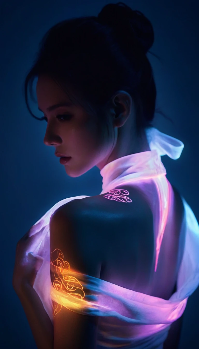 Double Exposure Style,Volumetric Lighting,a girl (Supermodel) with Wrap top,arching her back, beautiful tattoo (neon light), Traditional Attire,Artistic Calligraphy and Ink,light depth,dramatic atmospheric lighting,Volumetric Lighting,double image ghost effect,image combination,double exposure style,