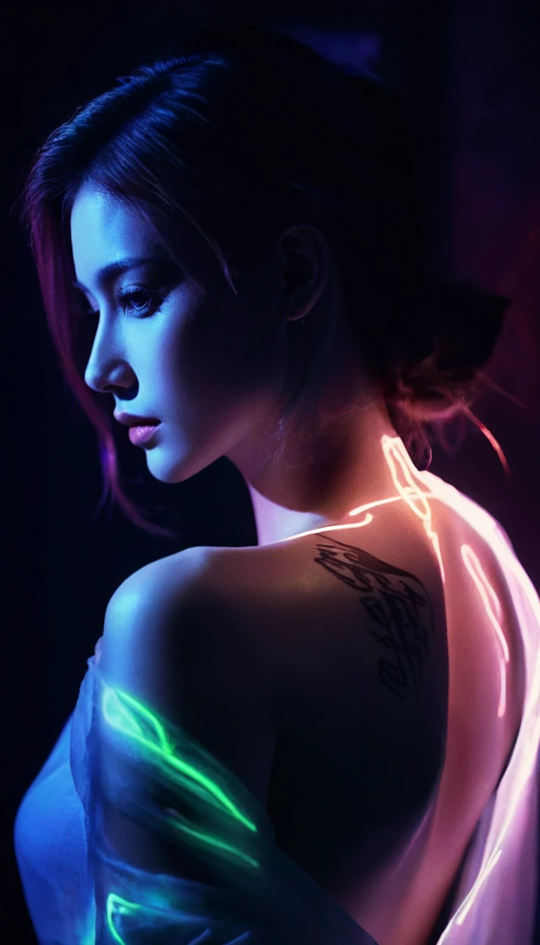 Double Exposure Style,Volumetric Lighting,a girl (Supermodel) with Wrap top,arching her back, beautiful tattoo (neon light), Traditional Attire,Artistic Calligraphy and Ink,light depth,dramatic atmospheric lighting,Volumetric Lighting,double image ghost effect,image combination,double exposure style,