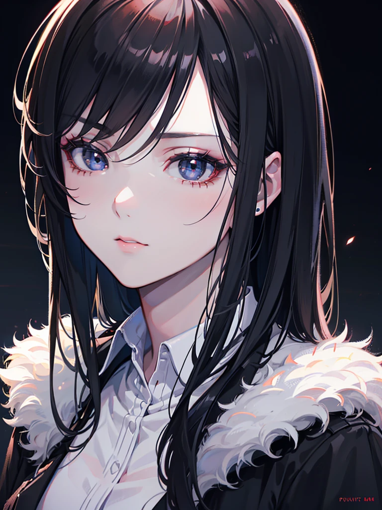 beautiful girl with realistic black eyes, pale skin, mid-length black hair, perfect face, perfect eyes, wearing coat, highly detailed, comprehensive cinematic, digital painting, 8k, cinematic lighting, best quality, highres, detailed work, post-processing, perfect result, hyper realistic