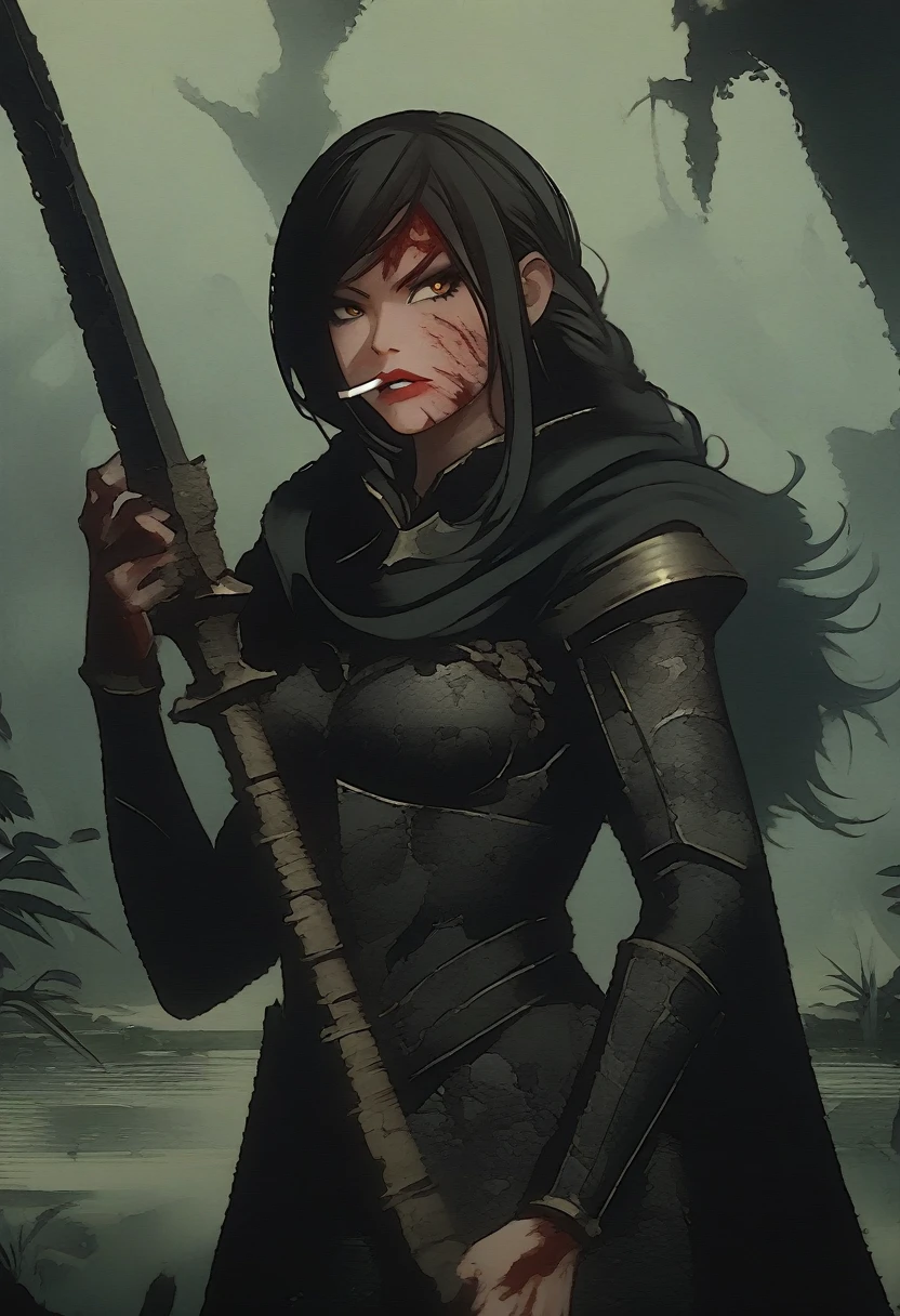 {{portrait, dutch angle}} {{Artist: moshimoshibe}} 1girl, solo, toned female, mature female, medium breasts, black hair, braided hair, long hair, golden eyes, lips, black armour with, black cape, angry, outdoors, swamp, ruins, looking at viewer, standing, holding sword, fog, medieval fantasy, scar, cigarette, smoking, day, blood on face