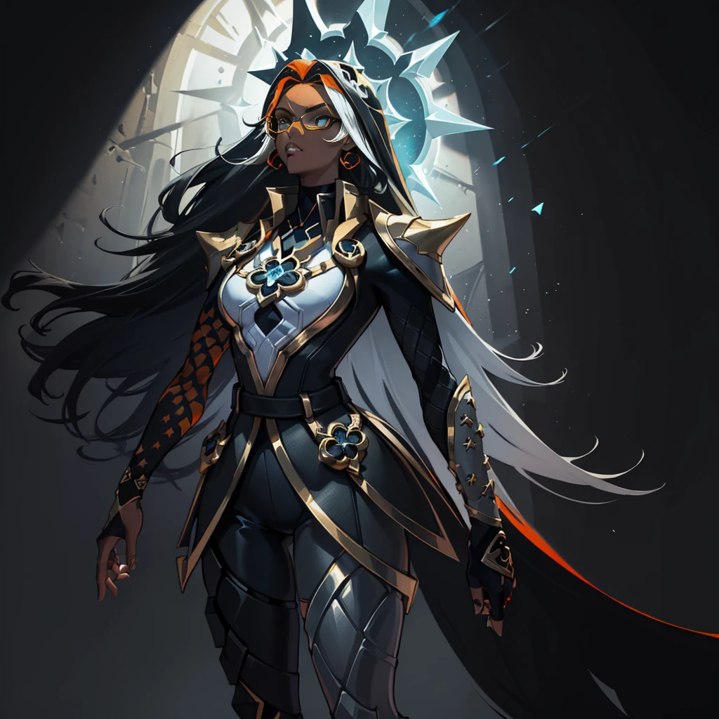 (((conceptual artwork))), (((one caracter))), female, (((darkskin)))), Black hair with ponytail, clear blue eyes, Round glasses with slightly dark lenses, this lens being orange, and the Light Blue frame, ((Black metallic gauntlets and greaves with orange and silver highlights)), (((The clothes have a mix of modern and tribal))), (((The clothes have a mix of modern and tribal))),  mainly black in color, but having Orange Parts, Shoulders exposed, On the Hip, a Short that extends to Half the Thigh in black.(((one caracter))), female, (((darkskin)))), Black hair with ponytail, clear blue eyes, Óculos redondos com uma pequena lente escura this lens being orange, and the Light Blue frame, (((Black metallic gauntlets and greaves with orange and silver highlights)), (((The clothes have a mix of modern and tribal)))), Having mainly black color, but having orange pieces, Shoulders on display, On the Hip one Shorts extending to Half Thigh in black.
