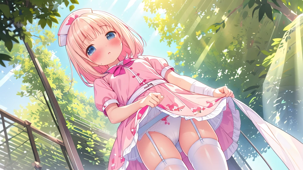 (extremely detailed fine touch:1.2), (natural light, sun light, light rays, dappled light, ray tracing:1.2) , masterpiece, best quality, highly quality ,
sugar_ser0, 1girl, solo,looking at viewer,freckles, (blush:1.3),framed eyewear,
pink dress, puffy short sleeves,
nurse cap,rabbit hair ornament,
bandaged arms,
white thighhighs,garter straps,
garden ,embarrassed,skirt, looking at viewer, underwear, skirt lift, thighs, from below, lifted by self, cowboy shot, standing, white thong