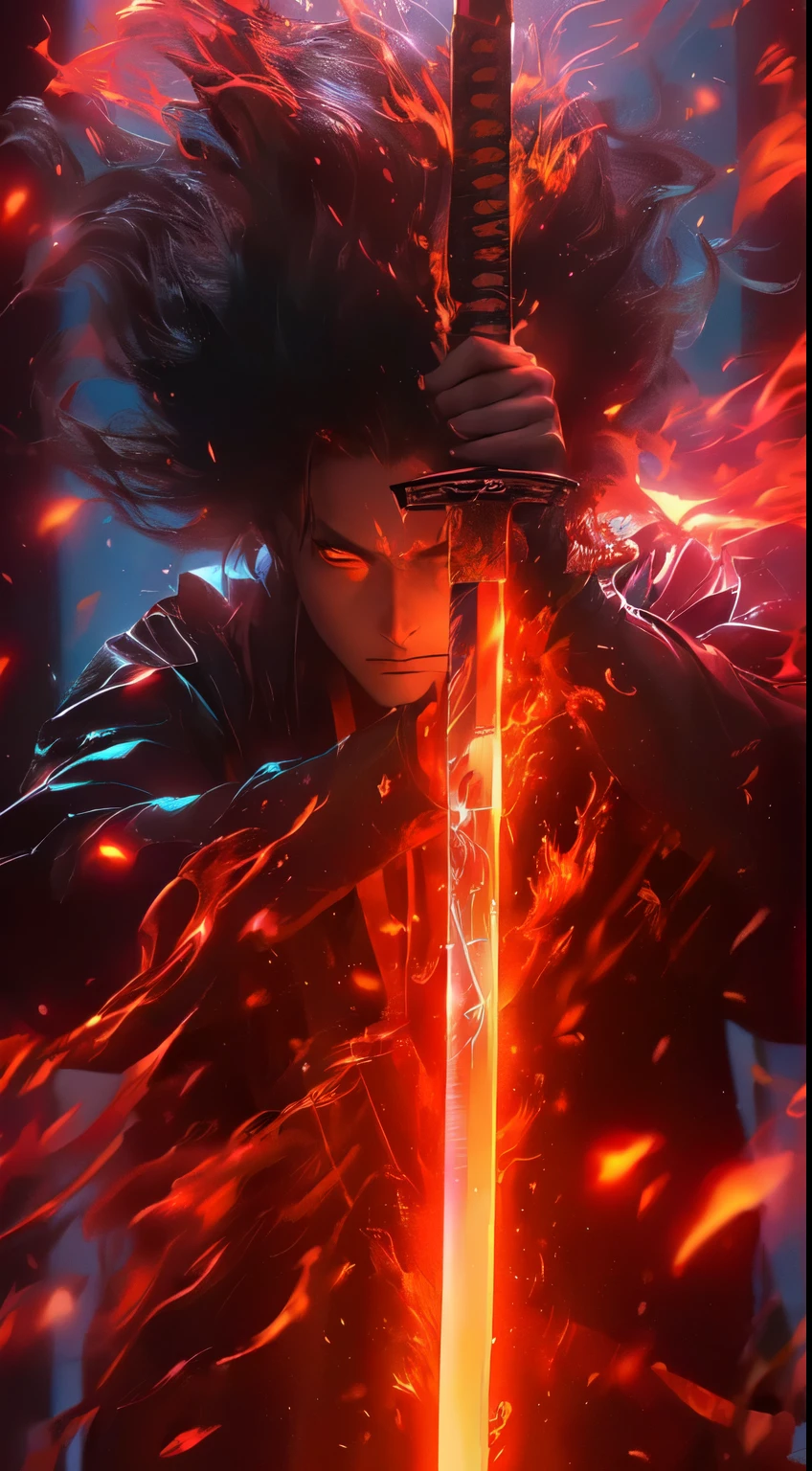 a close up of a person holding a sword with fire in the background, badass anime 8 k, handsome guy in demon slayer art, 4k anime wallpaper, anime epic artwork, anime wallpaper 4 k, anime wallpaper 4k, unlimited blade works, 4 k manga wallpaper, holding a flaming sword, epic 8 k hd anime shot, anime style 4 k