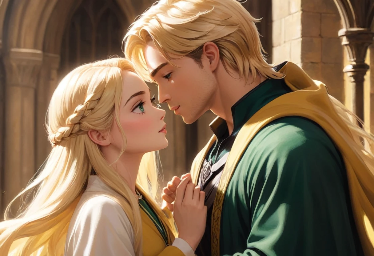 Casal blond, homem Sonserina blond, Hufflepuff Hufflepuff and blonde, Slytherin men fall in love in the enchanted world of Hogwarts, blond, Mulher Lufa Lufa loira e Homem Sonserina blond se envolvem em uma história de amor mágica. The scene unfolds with breathtaking beauty and attention to detail, com beijo apaixonado do casal de blonds, Obra de arte blond. As we delve deeper into this scene, the expertly crafted visuals capture the essence of their love. Os Cutes olhos detalhados da mulher de Lufa Lufa loira brilham com uma sensação de admiração, drawing you into their enchanting connection. O olhar intenso do homem blond de Sonserina blond reflete sua admiração afetuosa por ela, the depth of your emotions radiating from your soulful eyes. Your lips meet in a tender embrace, Portrayed with delicate precision and captivating realism. Os intrincados detalhes de seus lábios formam uma união perfeita de blonds, your love immortalized by masterful brushstrokes. Homem blond da casa de Sonserina blond e Mulher loira da casa de Lufa Lufa loira, couple kiss in love, Cutes, apaixonados blonds