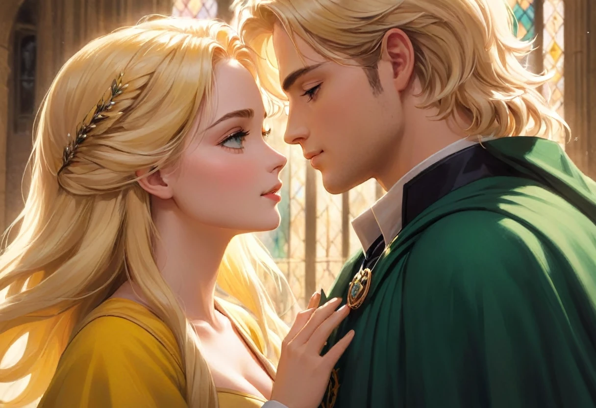 Casal blond, homem Sonserina blond, Hufflepuff Hufflepuff and blonde, Slytherin men fall in love in the enchanted world of Hogwarts, blond, Mulher Lufa Lufa loira e Homem Sonserina blond se envolvem em uma história de amor mágica. The scene unfolds with breathtaking beauty and attention to detail, com beijo apaixonado do casal de blonds, Obra de arte blond. As we delve deeper into this scene, the expertly crafted visuals capture the essence of their love. Os Cutes olhos detalhados da mulher de Lufa Lufa loira brilham com uma sensação de admiração, drawing you into their enchanting connection. O olhar intenso do homem blond de Sonserina blond reflete sua admiração afetuosa por ela, the depth of your emotions radiating from your soulful eyes. Your lips meet in a tender embrace, Portrayed with delicate precision and captivating realism. Os intrincados detalhes de seus lábios formam uma união perfeita de blonds, your love immortalized by masterful brushstrokes. Homem blond da casa de Sonserina blond e Mulher loira da casa de Lufa Lufa loira, couple kiss in love, Cutes, apaixonados blonds