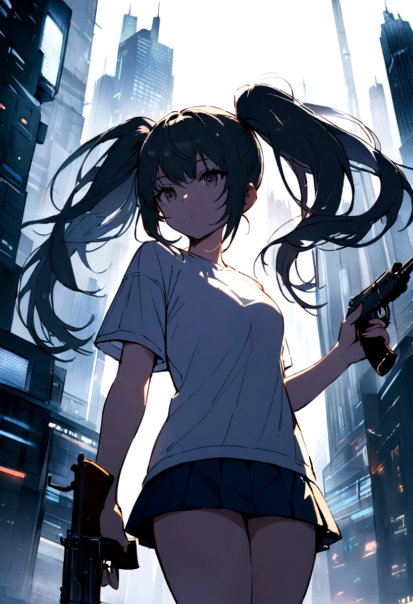 Top quality, 1 beautiful woman, ((Twintails)), wearing T-shirt, mini skirt, holding_gun, ak-47, 50mm lens, f/1, Moody Lighting, (white background: 1.2), (at Futuristic city:1.2)