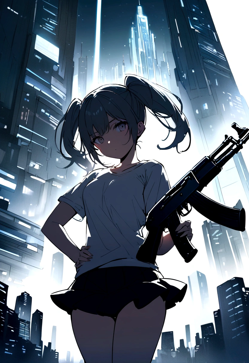 Top quality, 1 beautiful woman, ((Twintails)), wearing T-shirt, mini skirt, holding_gun, ak-47, 50mm lens, f/1, Moody Lighting,  (white background: 1.2), (at Futuristic city:1.2)