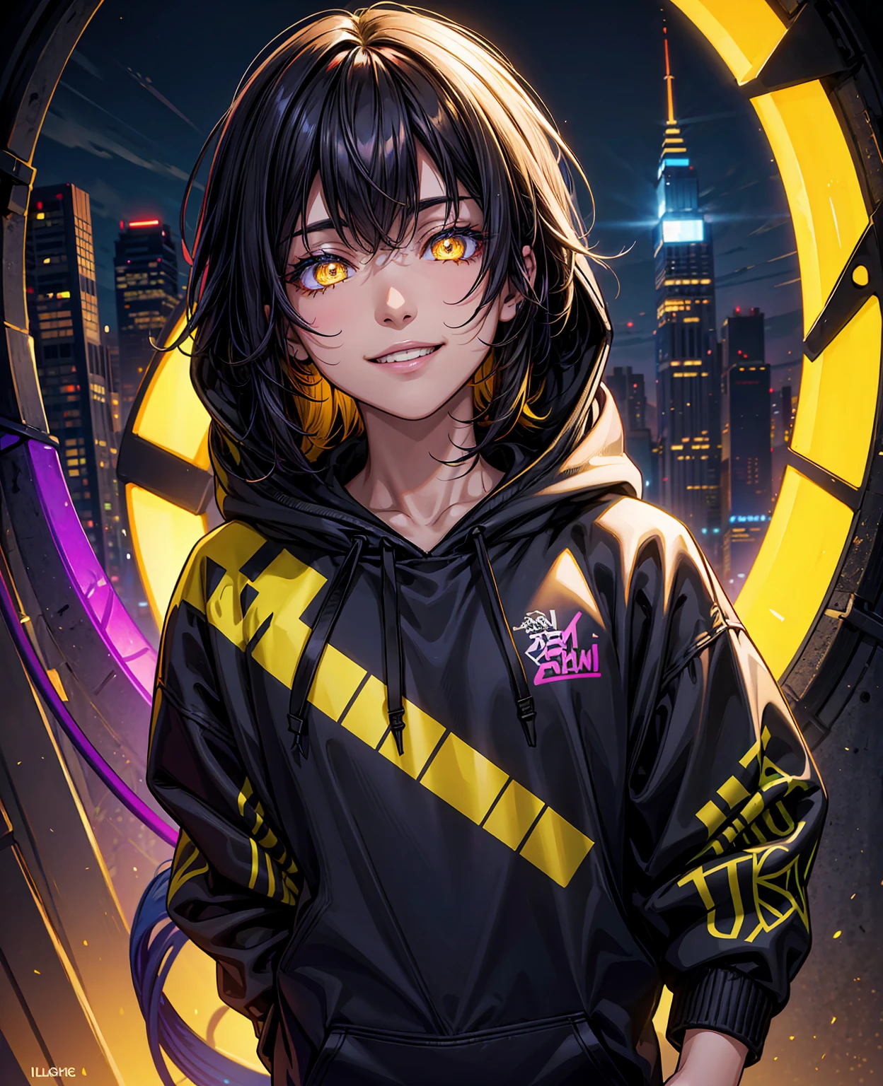 detailed background, masterpiece, best quality, smile, ornament, hoodie, portrait, yellow neon, graffiti, dark, night, glowing eyes, blacklight