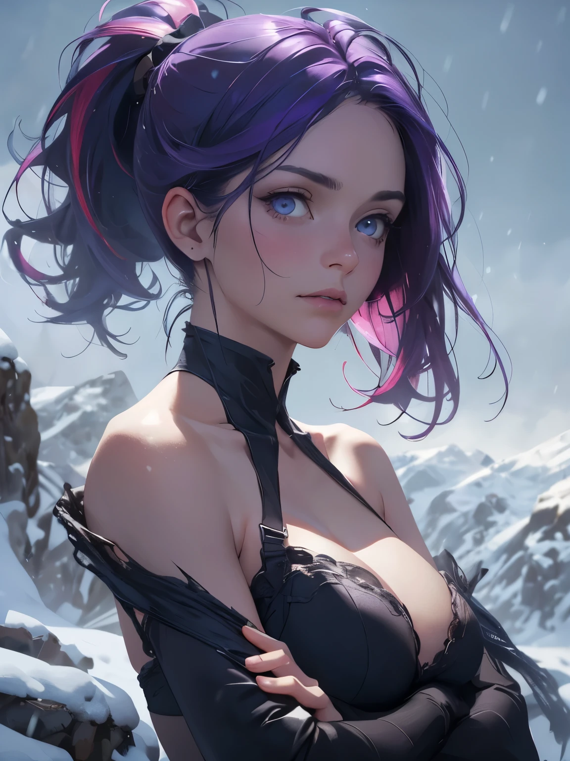 (photo_(Moderate):1.2), author Antonio J. Manzanedo, author:Jeremy Lipking, 1 Girl, Looking at the camera, (For the audience:1.1), (photorealistic:1.2), Surrealism, photorealism, close up, Head and shoulders, Purple Hair with Rainbow Streaks, short hair, Ponytail, Bangs, blue eyes, friendly, eyelash, In the snowy mountains,sit on the floor,Looking at the camera in horror,Wear only a bra on the upper body,Cross your arms in front of your chest to protect your chest,Cross your arms,,Subsurface Skin Scattering, symmetry, Depth of Field, 8K, Visual effects, Human Development Report, ringing
