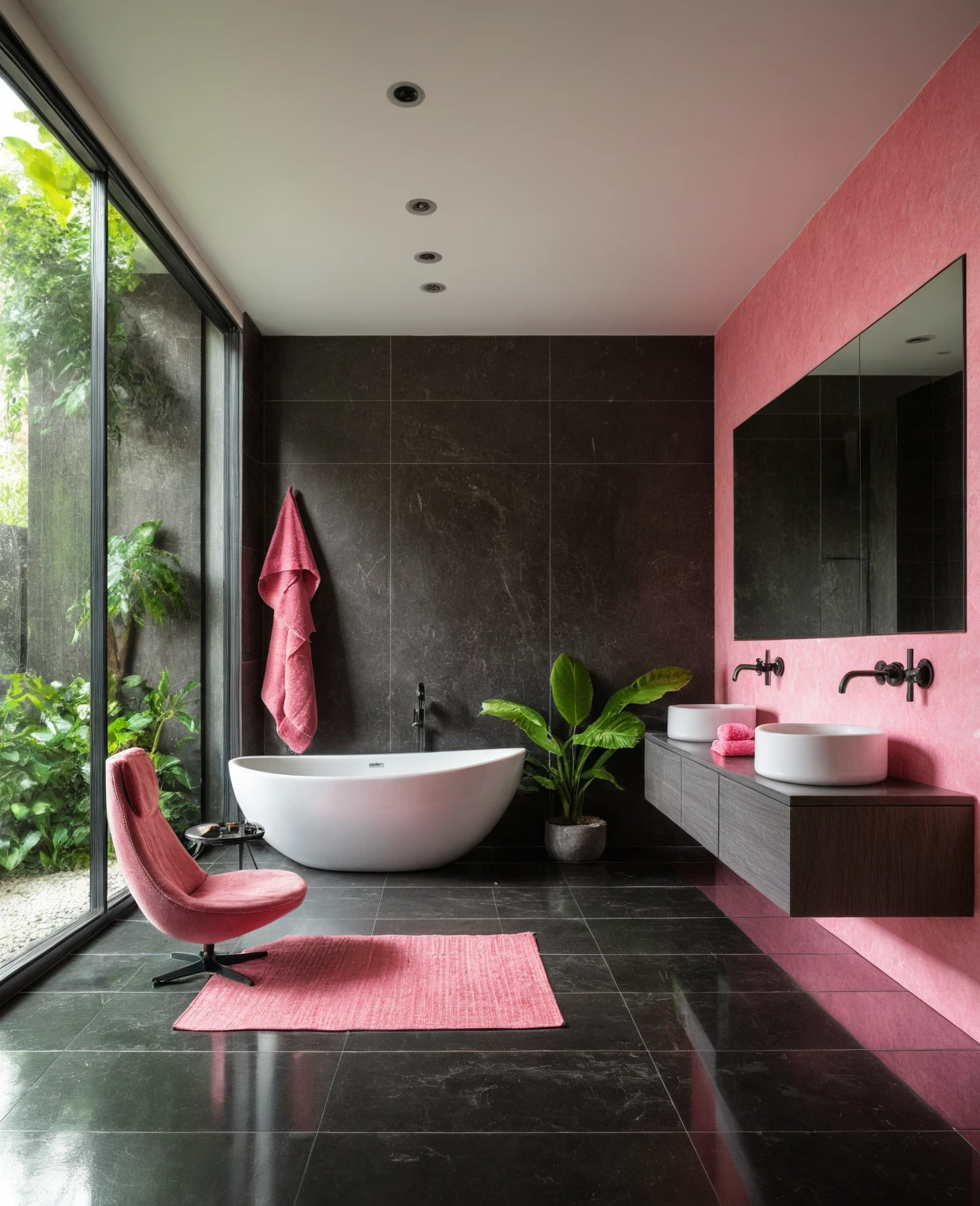 Raw photo,Masterpiece, high quality, best quality, authentic, super detail, interior, bathroom style modern, sunset, day light, window , overlooking tropical garden, ((black and pink tones)), bathtub, faucet, shower, lavatory, glass wall, bottles, mirror, lavabo, cabinet, wall tiles mosaic, carpet, armchair and table tea, towel and towel hook,
