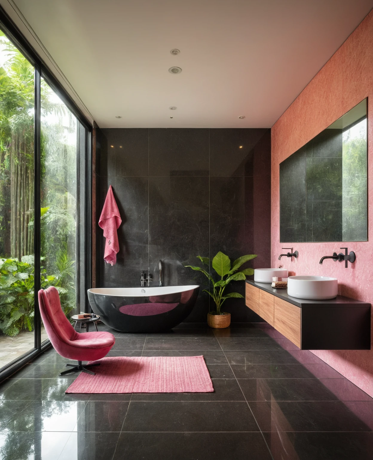 Raw photo,Masterpiece, high quality, best quality, authentic, super detail, interior, bathroom style modern, sunset, day light, window , overlooking tropical garden, ((black and pink tones)), bathtub, faucet, shower, lavatory, glass wall,  bottles, mirror, lavabo, cabinet, wall tiles mosaic, carpet, armchair and table tea, towel and towel hook,