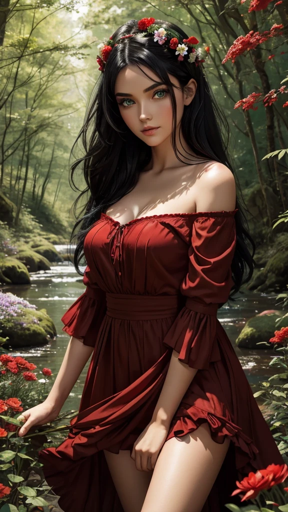 Beautiful girl with green eyes and black hair wearing red dress in a beautiful forest full of flowers