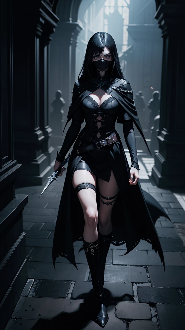 Full body shot, dark Gothic style, top view, strong perspective, dark background to highlight the character, a beautiful assassin girl, with an eye mask, dagger, out of the dark old hall, shadow ghostly energy spinning on her legs, dnd style of character art,realistic CG, panoramic shots, rich colors