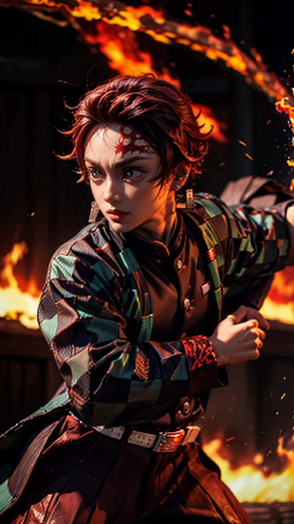  (Tanjiro), (OriginalOutfit), (ScarScar on forehead Checkered Clothes 1Boy Red Hair) realistic, detailed  eyes,holding a katana, fire background effect,in attack position 