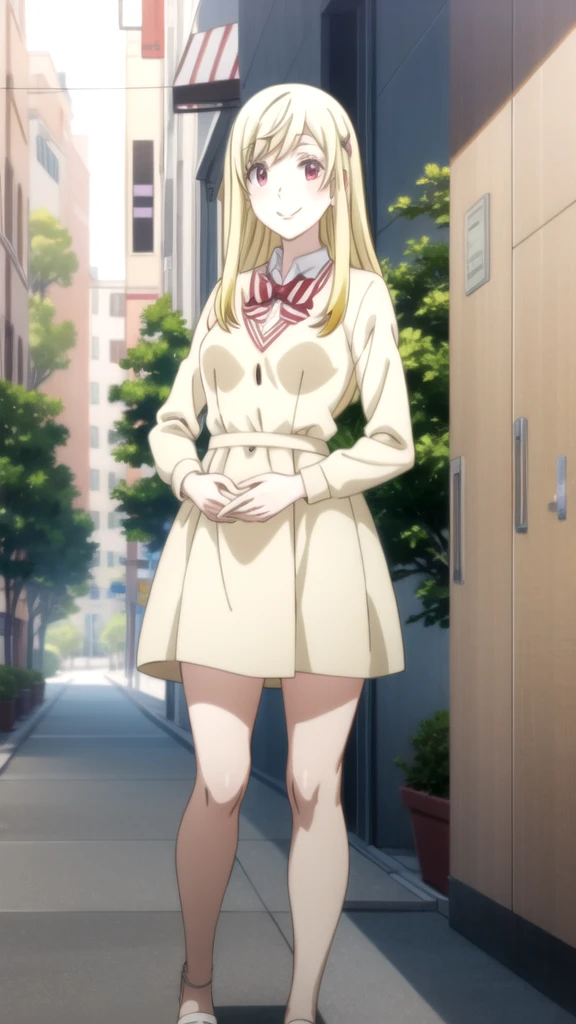 Chica anime in a pink shirt and white skirt walking down a street, seductive Chica anime, attractive Chica anime, oppai, Mejor Chica Animé, anime visual de una linda chica, cute Chica anime, pretty Chica anime, an Chica anime, beautiful Chica anime, Chica anime, lindo anime waifu con un bonito vestido, hermosa seductora anime adolescente, young Chica anime yamada_yellow, 1chica , by rubio, alone, wide, hair ornament, , smile, bow, red eyes my dress darling anime, beautiful seductress anime 