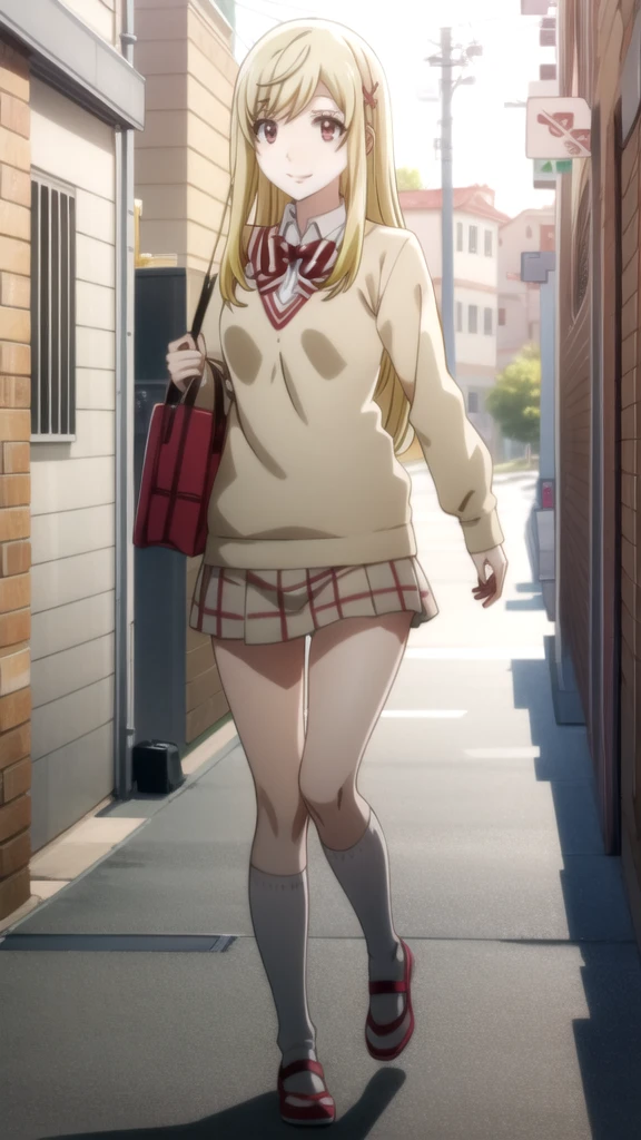 Chica anime in a pink shirt and white skirt walking down a street, seductive Chica anime, attractive Chica anime, oppai, Mejor Chica Animé, anime visual de una linda chica, cute Chica anime, pretty Chica anime, an Chica anime, beautiful Chica anime, Chica anime, lindo anime waifu con un bonito vestido, hermosa seductora anime adolescente, young Chica anime yamada_yellow, 1chica , by rubio, alone, wide, hair ornament, , smile, bow, red eyes my dress darling anime, beautiful seductress anime