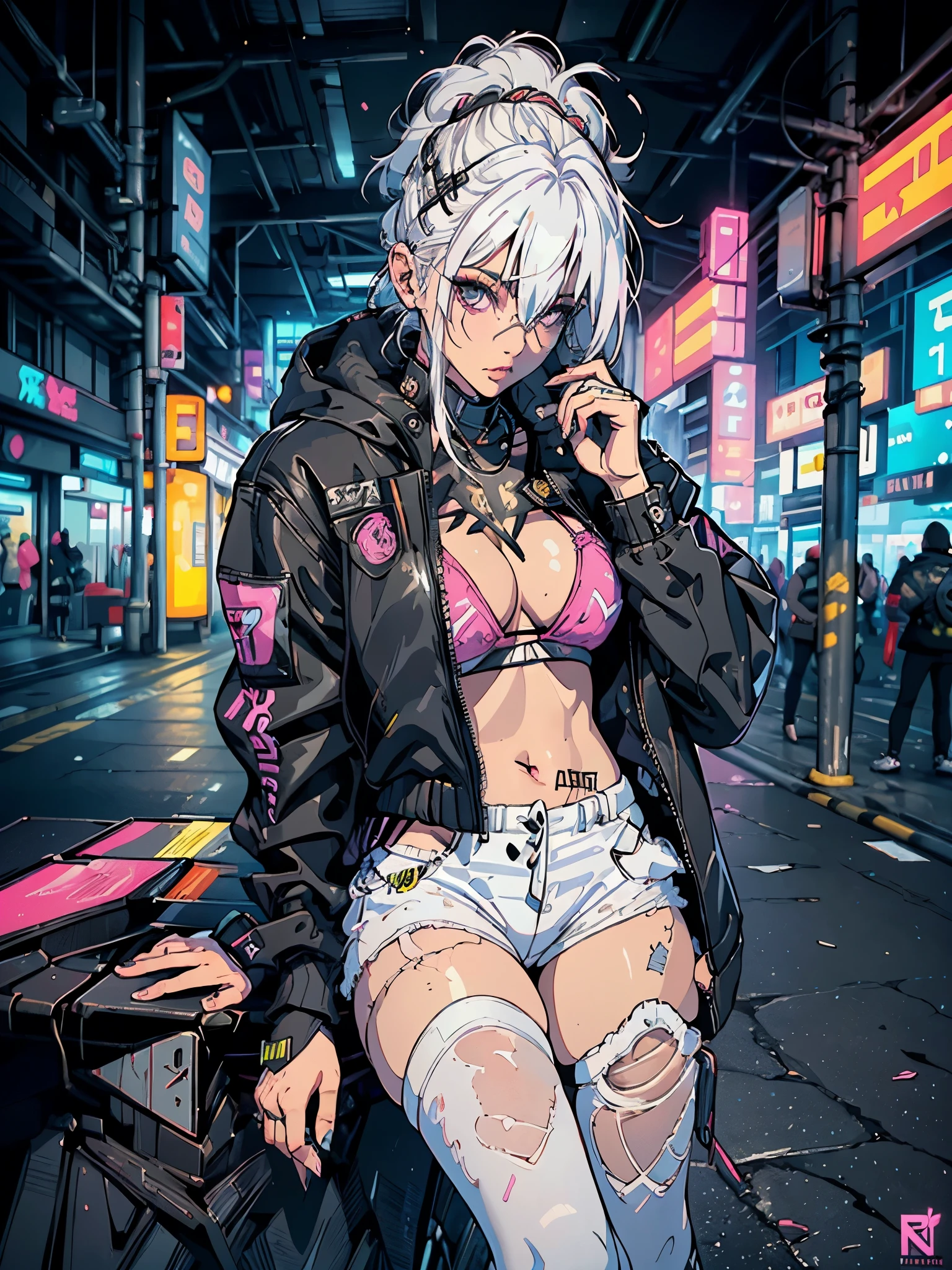 profile pic, a woman in a pink bikini and black jacket sitting on the handrail of the pier bridge, (((ela esta de perfil de jaqueta preta e bikini rosa, white hair, White sneakers))), perfil, bikini, sutia bikini, calcinha bikini, looking at the horizon to your left, Tuuli, sunset, twilight, cyberpunk art style, cyberpunk 2 0 years. oh model girl, hyper-realistic cyberpunk style, cyberpunk vibes, cyberpunk style , hyper realist, beautiful cyberpunk girl, cyberpunk art ultrarealistic 8k, cyberpunk girl, cyberpunk art, female cyberpunk anime girl, in cyberpunk style, cyberpunk judy alvarez